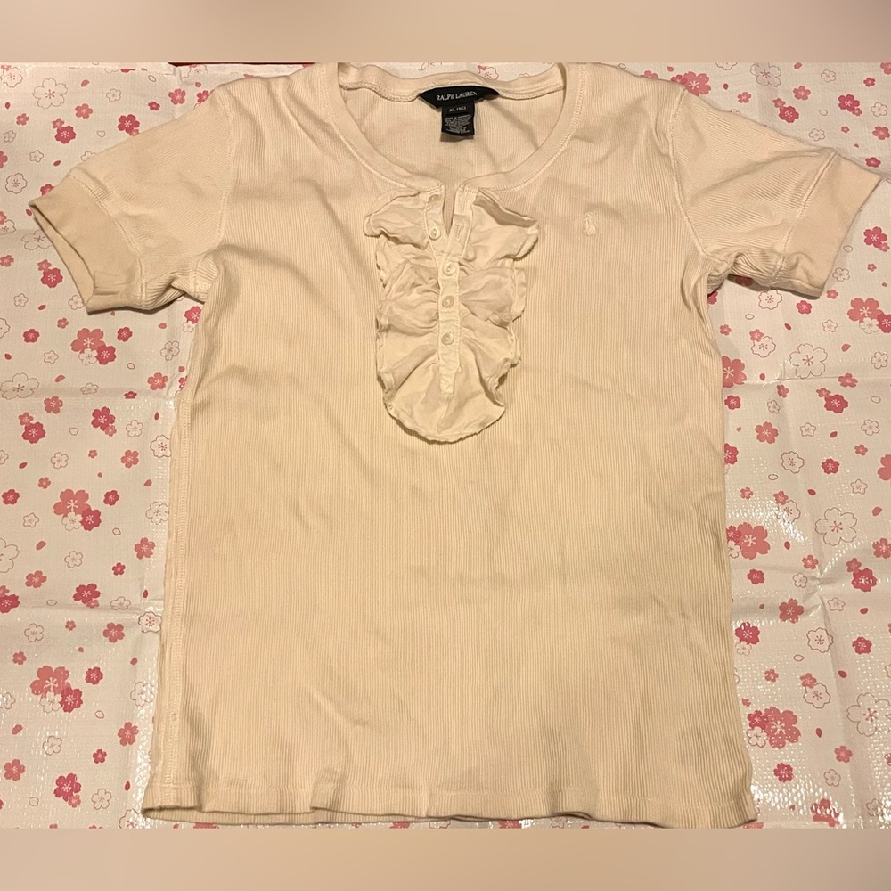 Ralph Lauren Girls Beige Ruffle Button Up Short Sleeve Blouse Size XL (Girls)